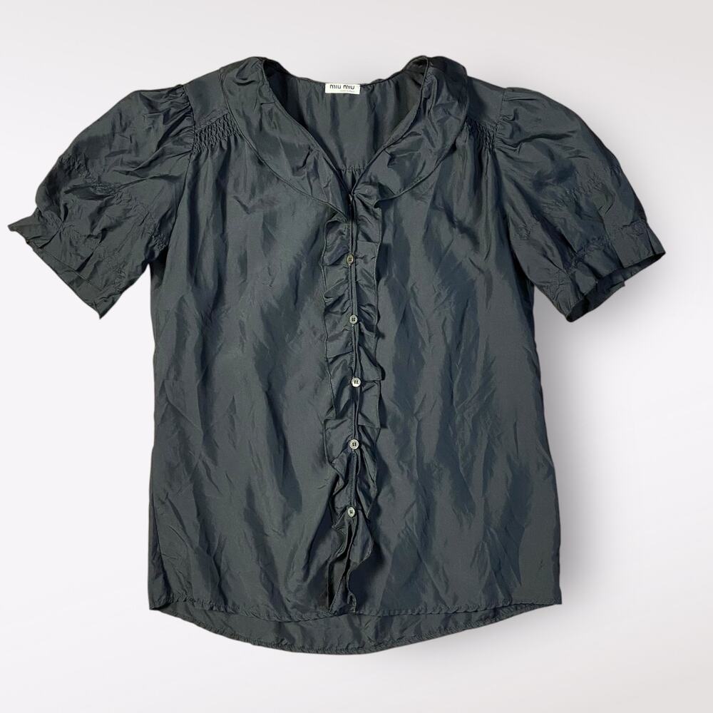 Miu Miu Vintage Y2K Black Silk Puff Sleeve Ruffled Top Size EU 42 doll goth